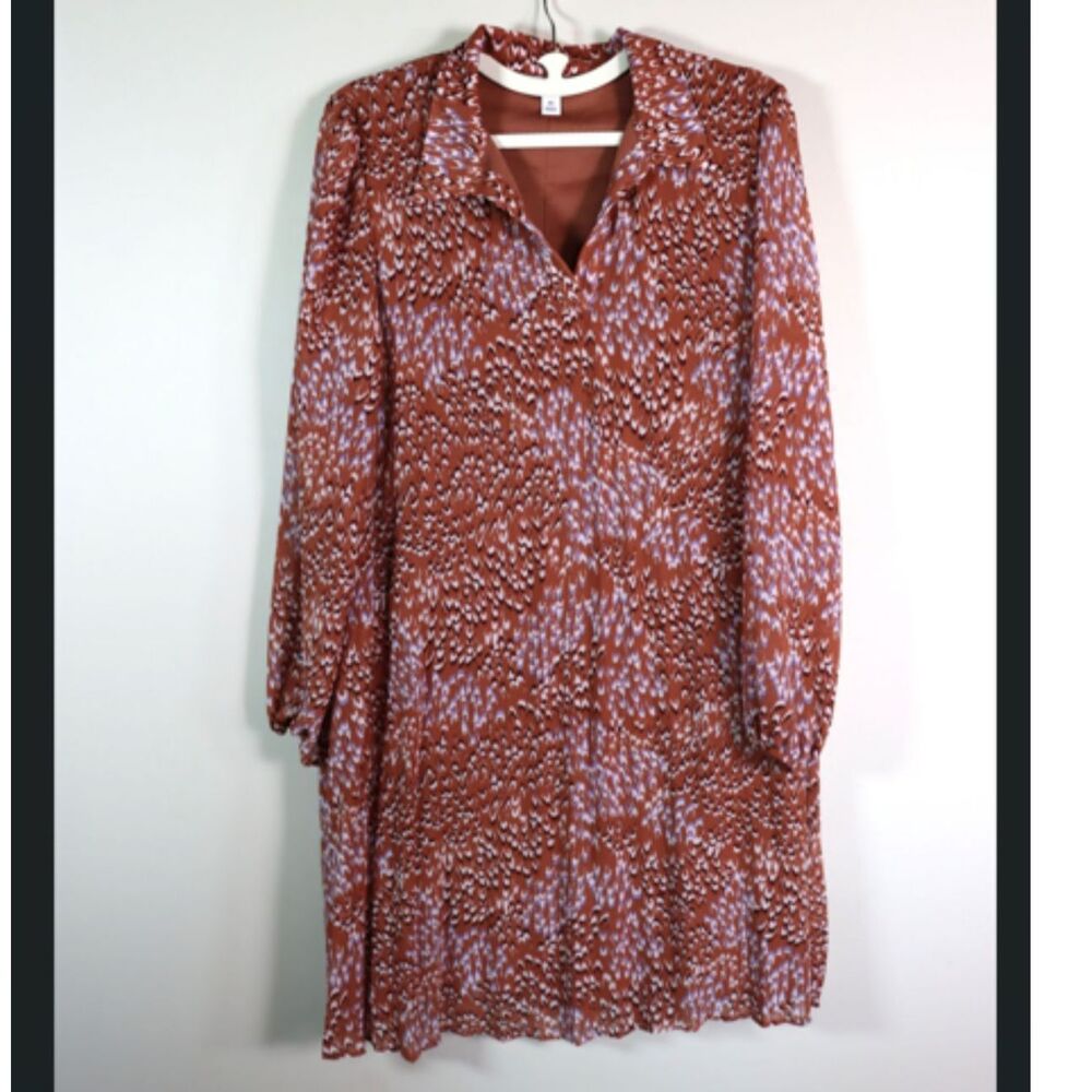 Nine West Tan Cream Brown Purple Abstract Print Long Sleeve Dress Medium